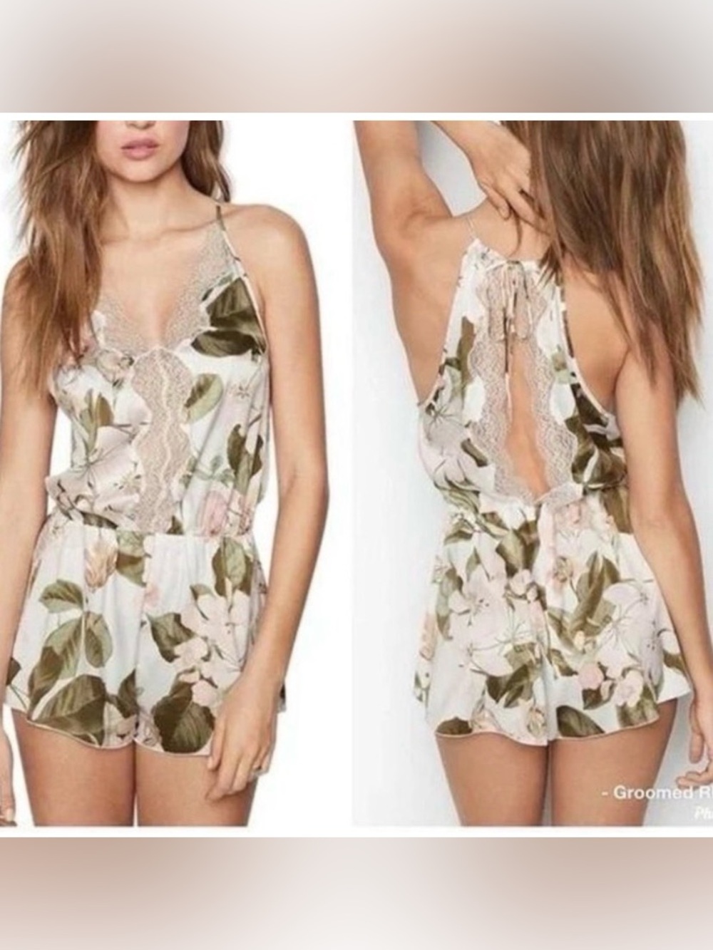 Victoria's Secret Floral Lace-Trim Satin Romper - Pink & Green
